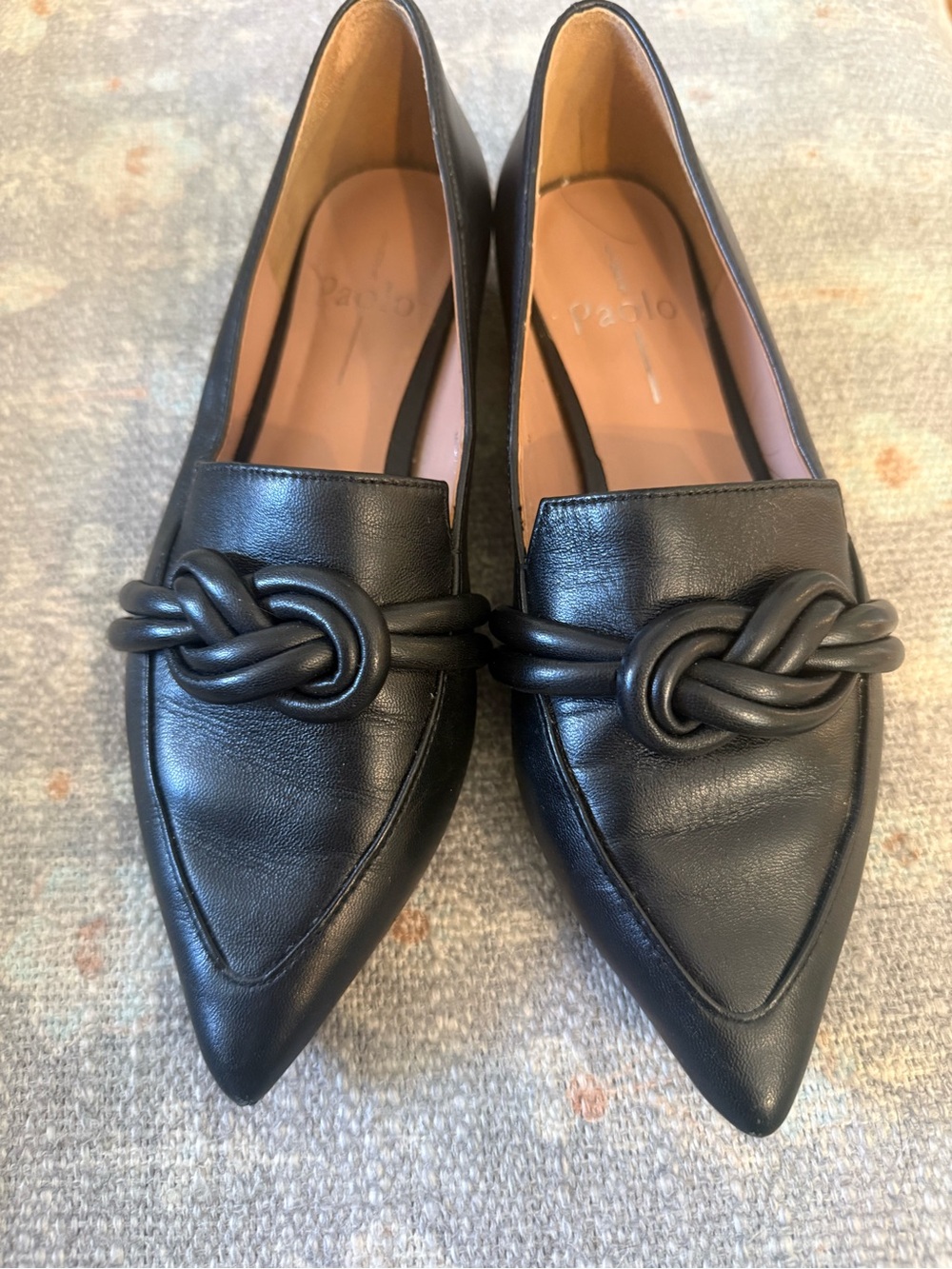 Paolo Black Leather Pointed Toe Loafers with Knotted Strap